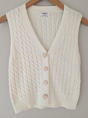 The Workshop Cream Cable Knit Button Front Sweater Vest S Cotton Cozy Autumn
